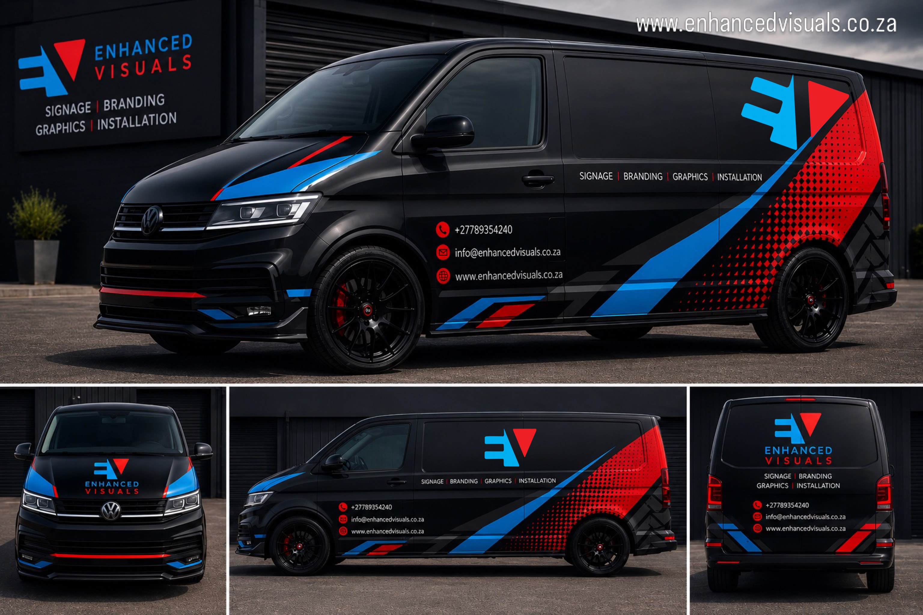 Enhanced Visuals branded van showing vehicle wrap design from multiple angles